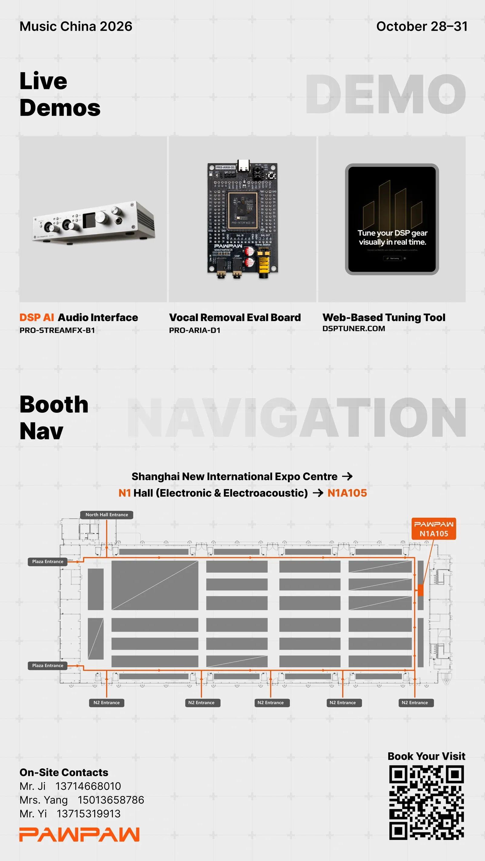 Music China 2026 demonstration devices, directions to Pawpaw Technology's Booth N1A105, and the visitor registration QR code