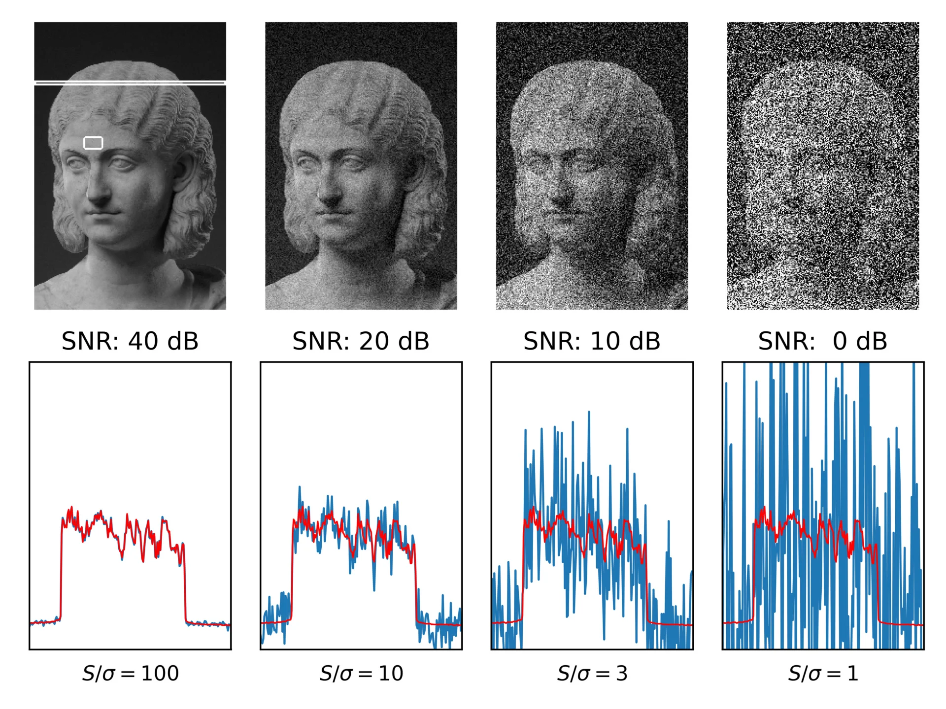 Visual comparison of image quality at different Signal-to-Noise Ratios (SNR)