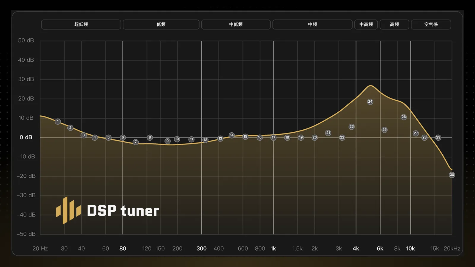 DSP Tuner 浏览器界面:31 段参数 EQ 实时频率响应可视化