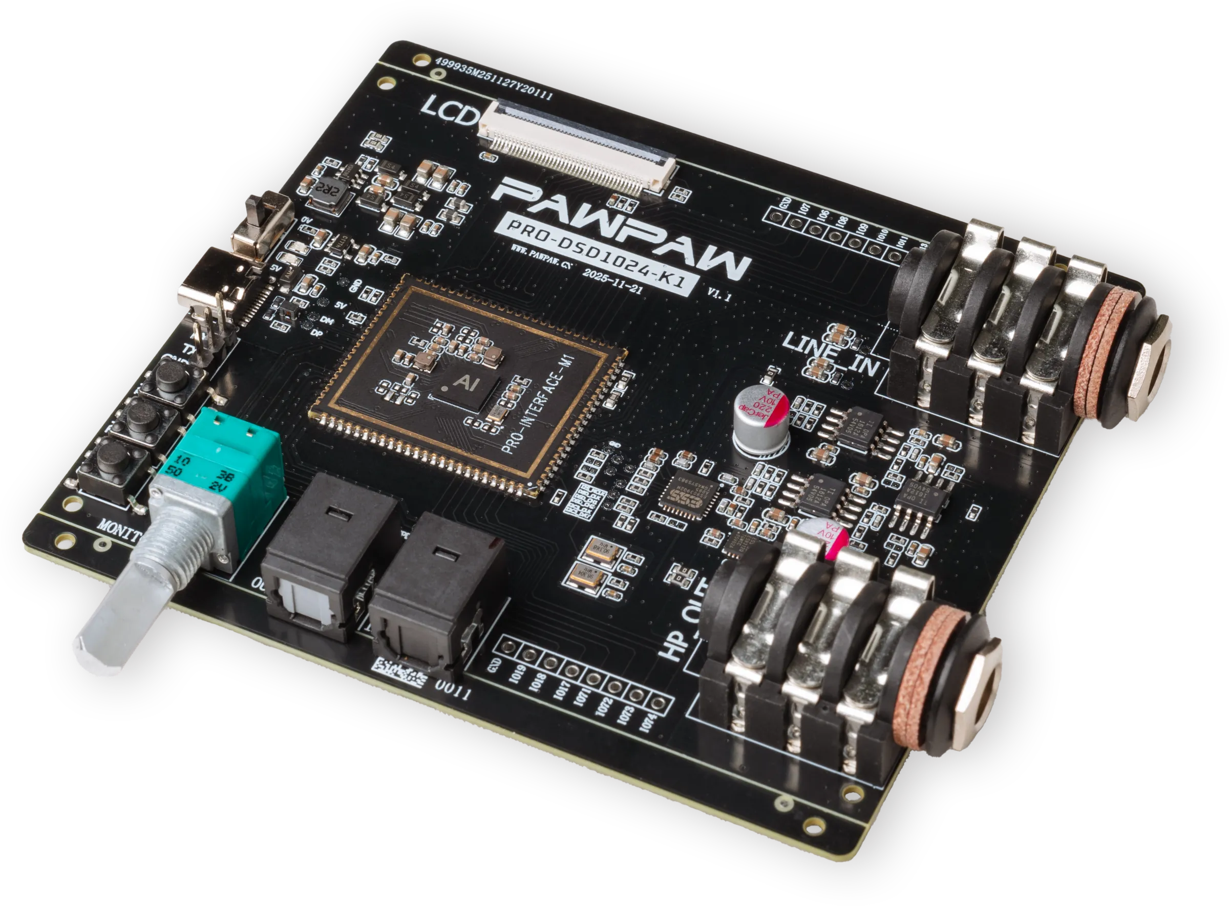 PRO-DSD1024-K1 USB Audio DSP 解决方案板,搭载 PRO-INTERFACE-M1 平台模组、ES9039Q2M DAC、USB-C 及光纤 SPDIF 接口