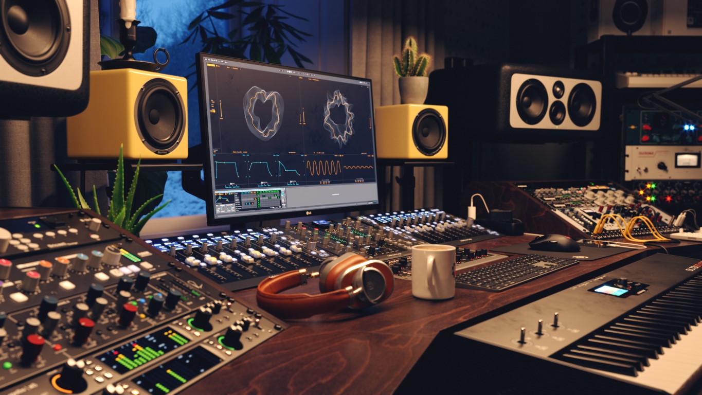 Professional audio equipment with speakers and mixing console